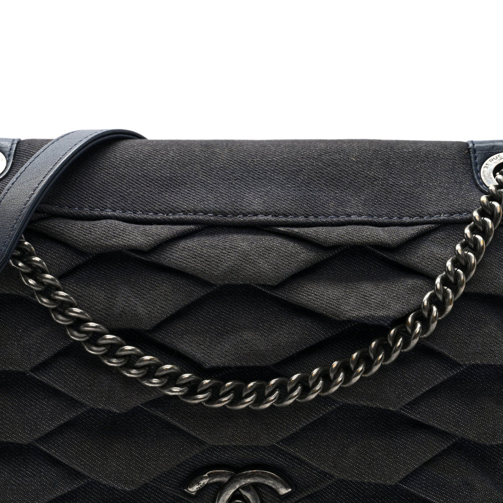 Chanel Denim Pleated Denim Turtle Flap Dark Blue