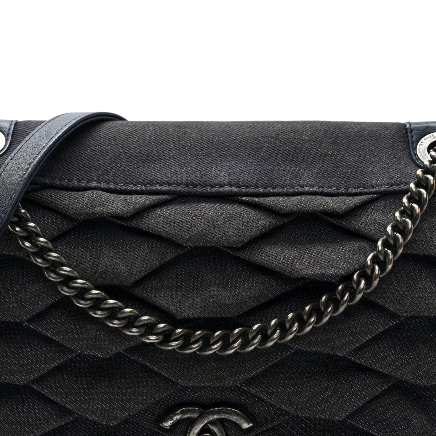 Chanel Denim Pleated Denim Turtle Flap Dark Blue