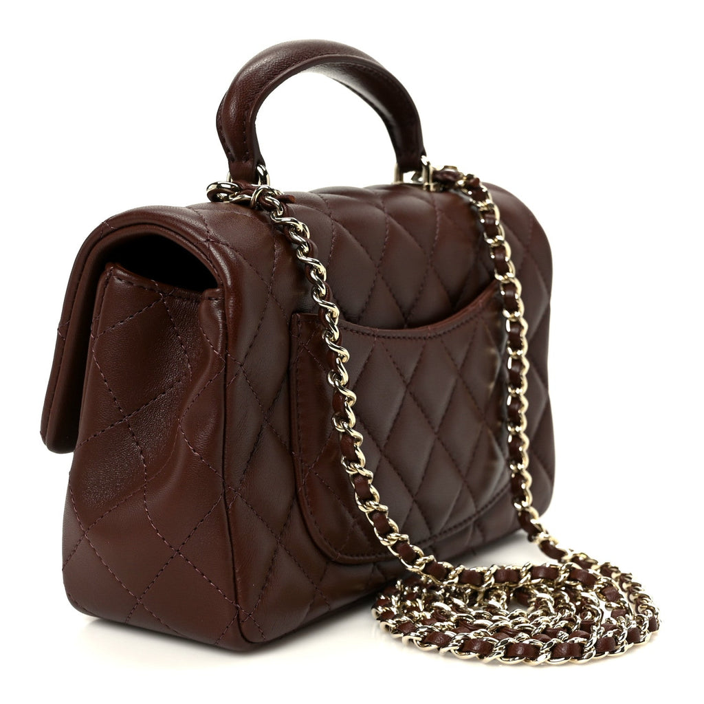 Chanel Lambskin Quilted Mini Top Handle Rectangular Flap Dark Brown