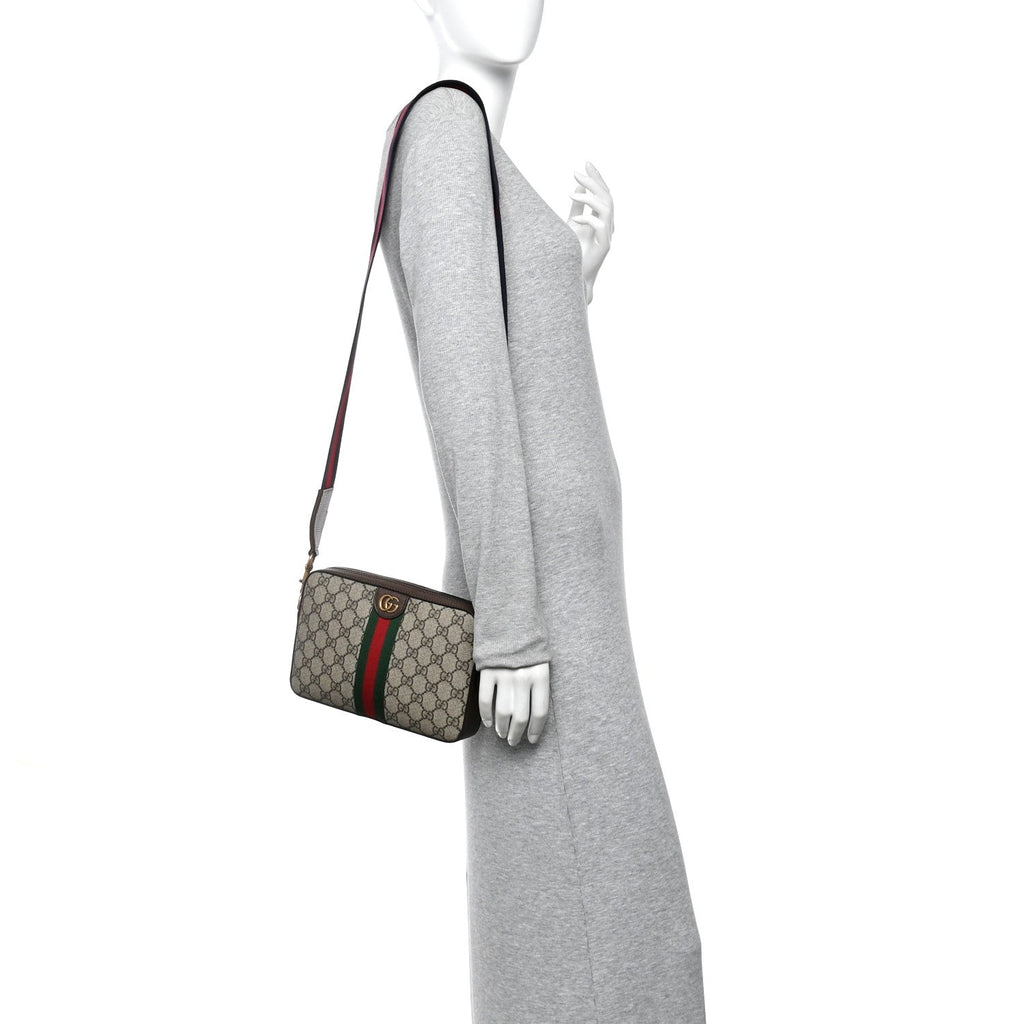Gucci GG Supreme Monogram Textured Dollar Calfskin Web Ophidia Wristlet Shoulder Bag Beige Ebony New Acero