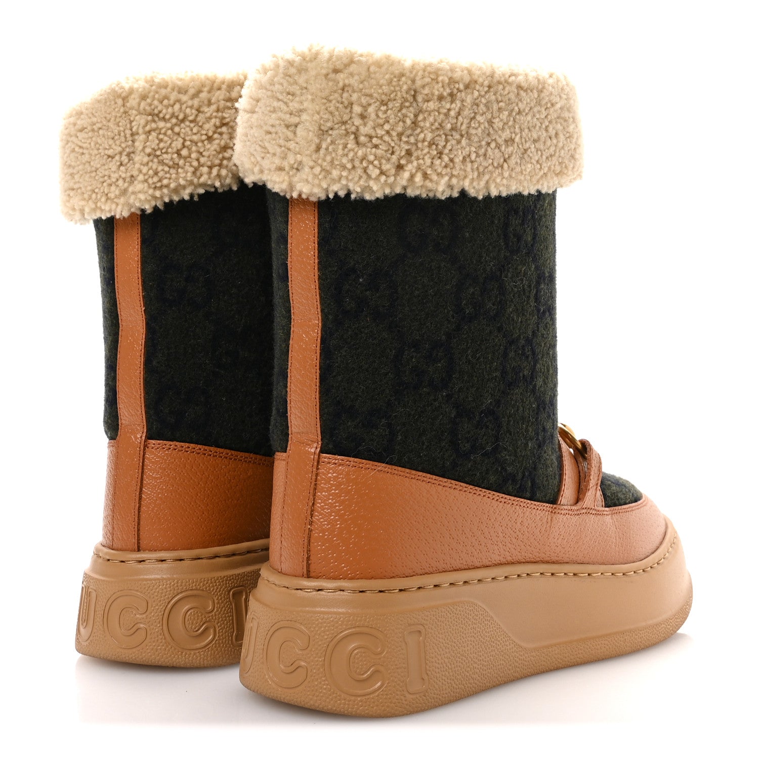 Gucci Covered Wool Monogram Textured Dollar Calfskin Shearling Horsebit Snow Boots 37 Underwood Blue Hazel Brown