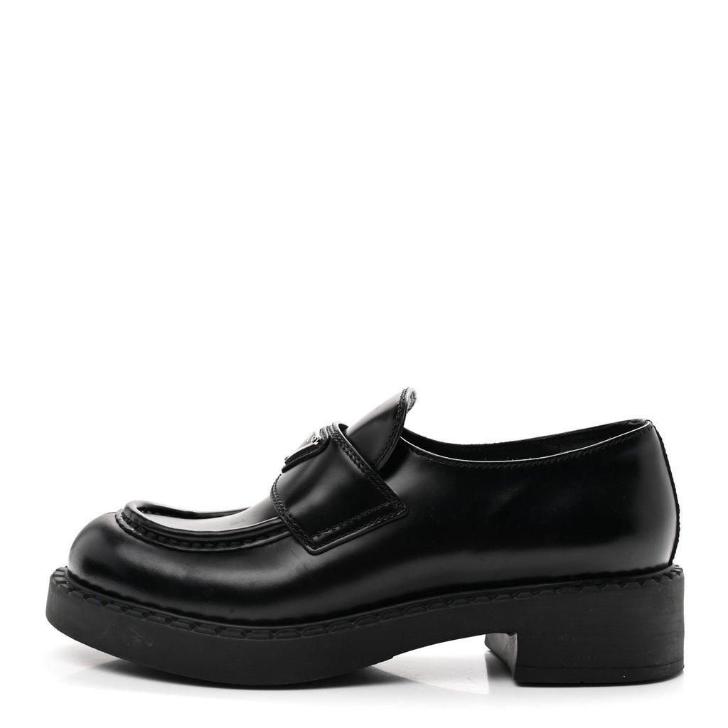 Prada Spazzolato Metal Triangle Logo 50mm Loafers 36.5 Black