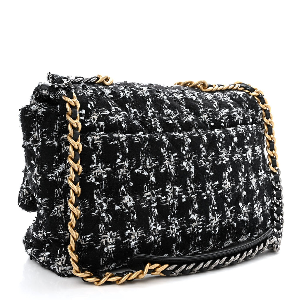 Chanel Tweed Quilted Maxi Chanel 19 Flap Black Silver Ecru