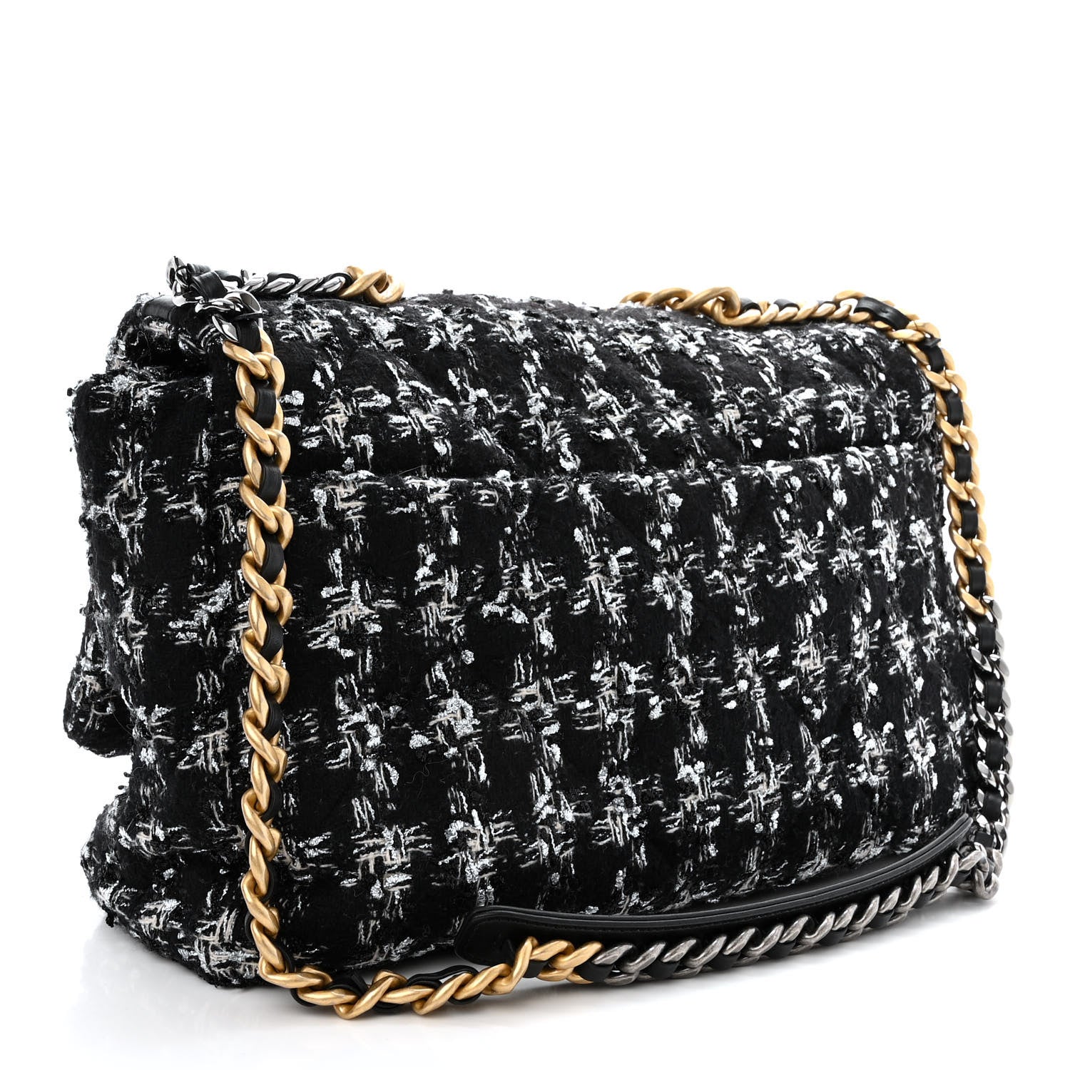 Chanel Tweed Quilted Maxi Chanel 19 Flap Black Silver Ecru