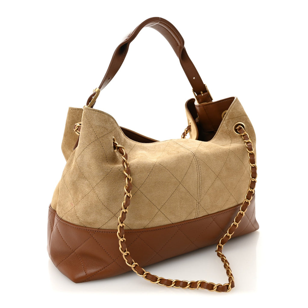 Chanel Suede Calfskin Shiny Lambskin Quilted Small Coco Base Shopping Bag Beige Brown