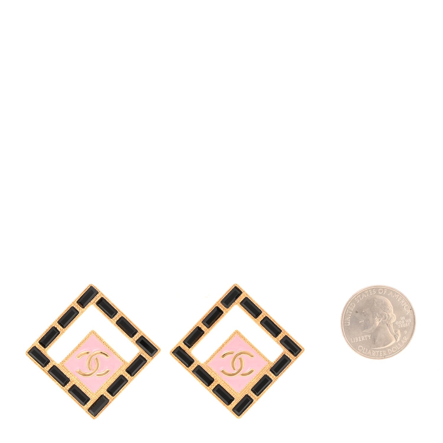 Metal Resin Crystal CC Large Square Earrings Gold Black Pink