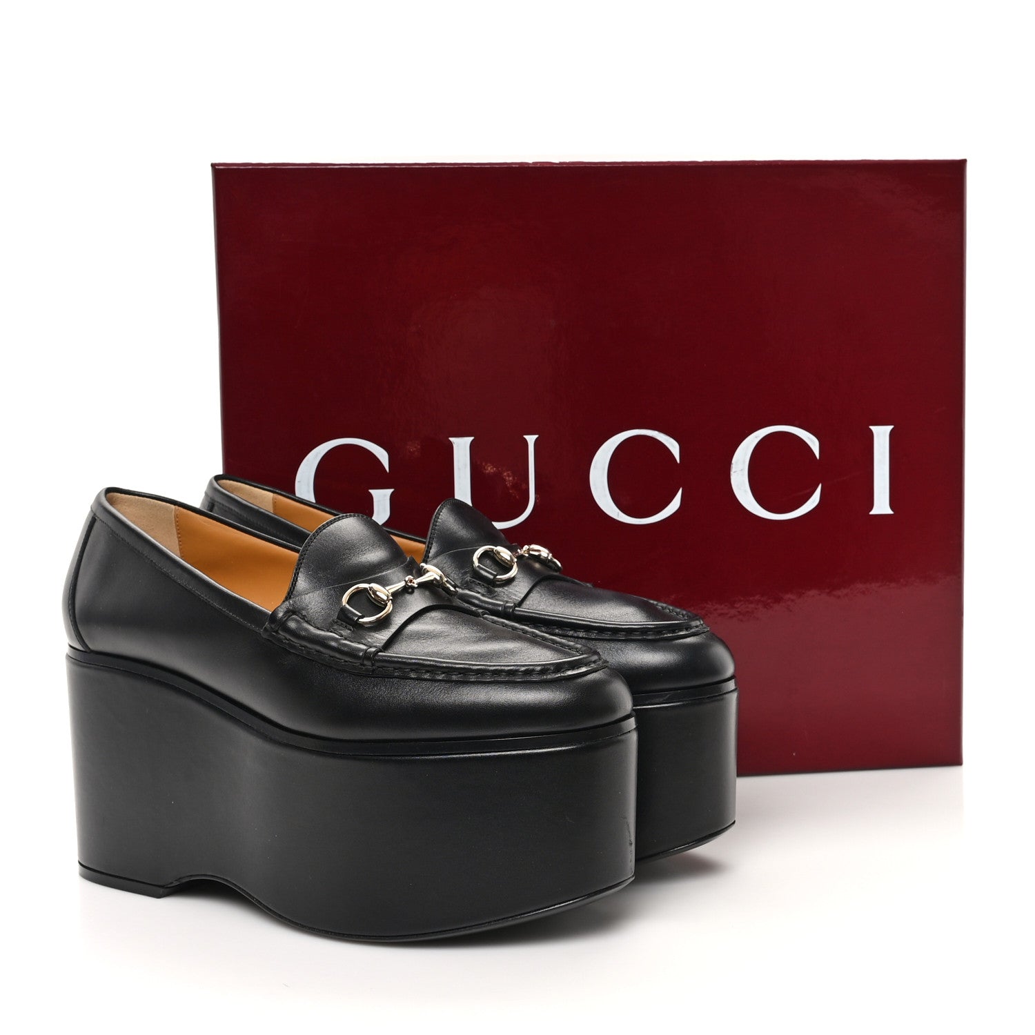 Gucci Ancora Calfskin Womens Horsebit Platform Loafers 39 Black