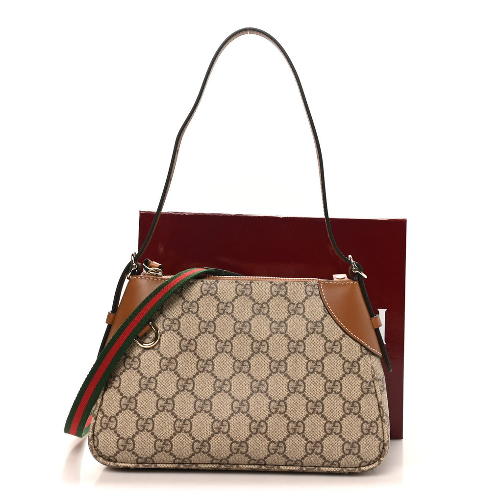 Gucci GG Supreme Monogram Textured Calfskin Small Emblem Shoulder Bag Beige Dark Brown