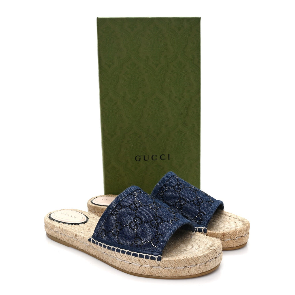 Gucci Denim Crystals GG Monogram Espadrille 20mm Slide Sandals 39 Denim