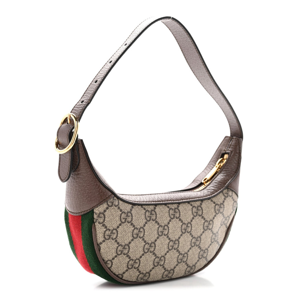 Gucci GG Supreme Monogram Textured Calfskin Web Mini Ophidia Half Moon Hobo Beige Ebony New Acero