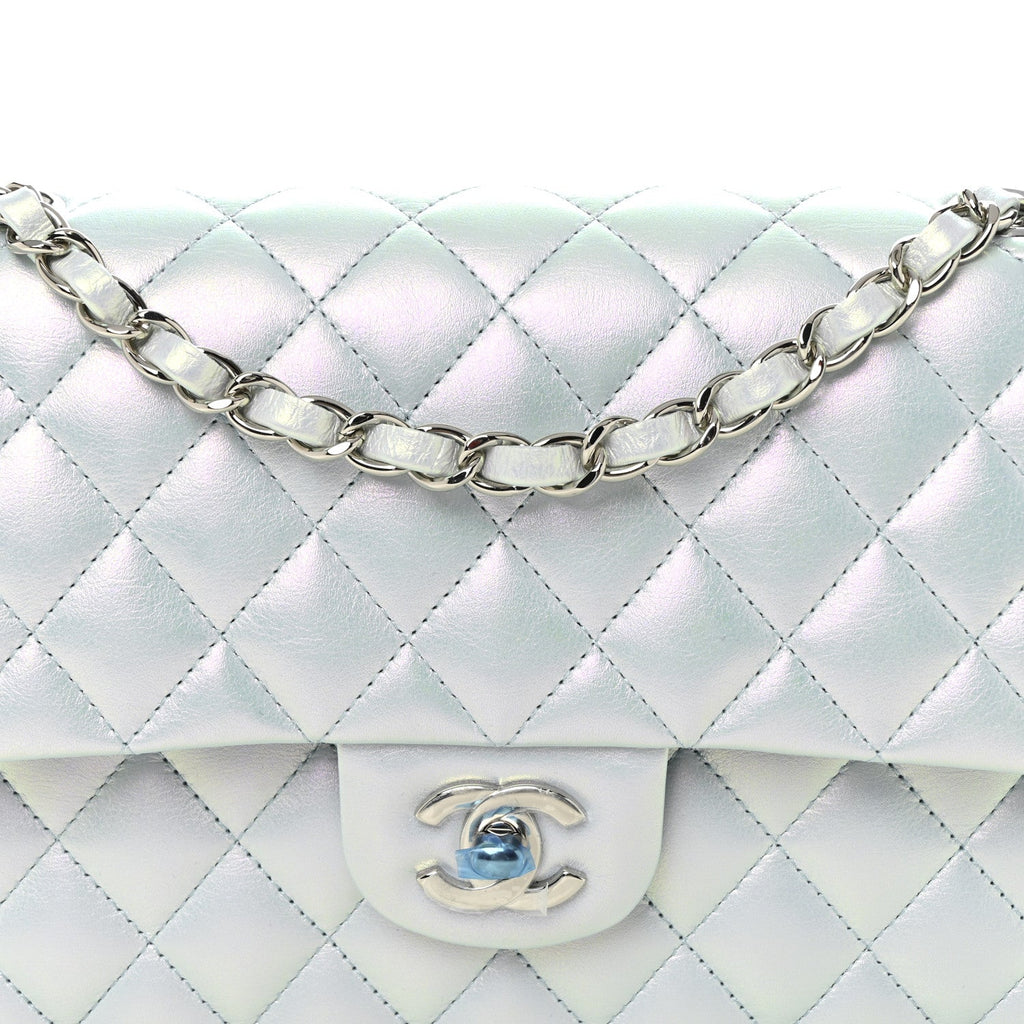 Chanel Iridescent Calfskin Quilted Medium Double Flap Light Blue