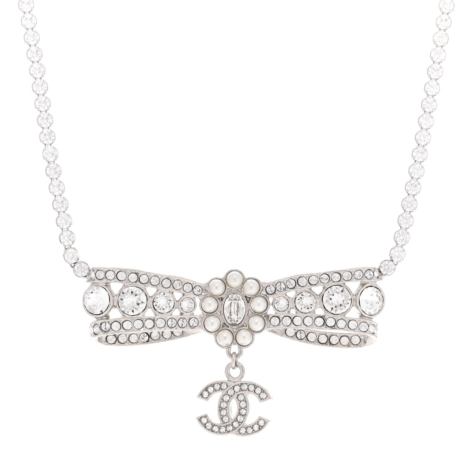 Crystal Pearl CC Bow Drop Necklace Silver
