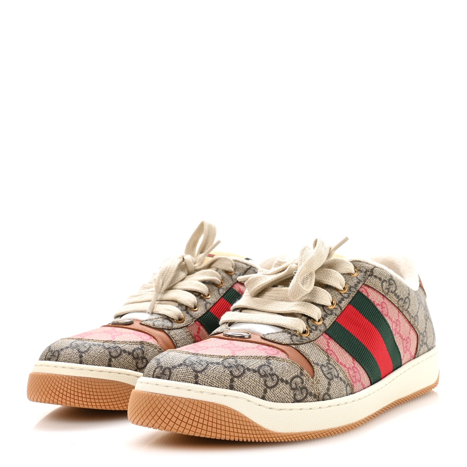 Gucci GG Supreme Monogram Harness Calfskin Web Mens Screener Sneakers 10.5 Beige Ebony Rosso Harness Brown