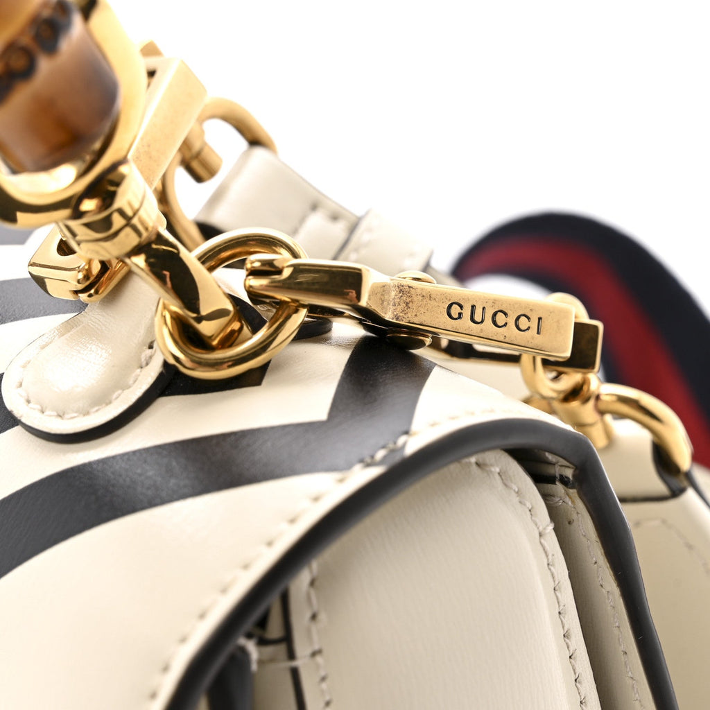 Gucci Calfskin Web Geometric Print Small Bamboo 1947 Top Handle Bag White Multicolor