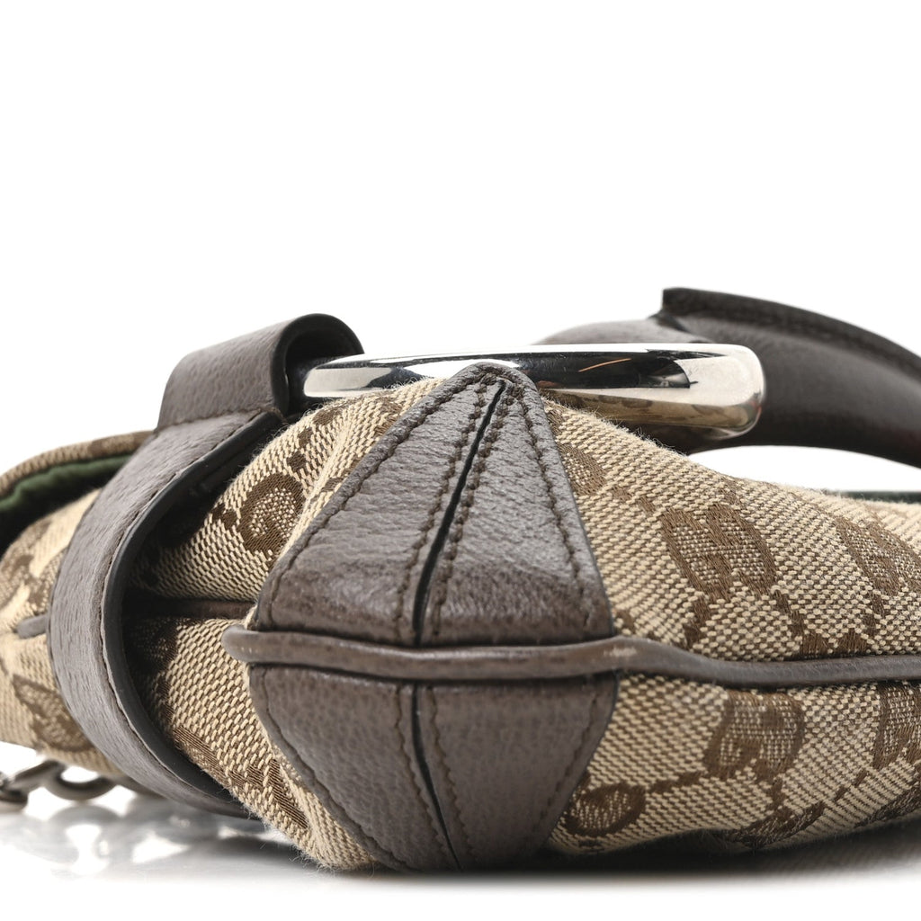 Gucci Monogram Textured Dollar Calfskin Heavy Grosgrain Web Medium Maxi Horsebit Chain Shoulder Bag Beige Ebony New Acero