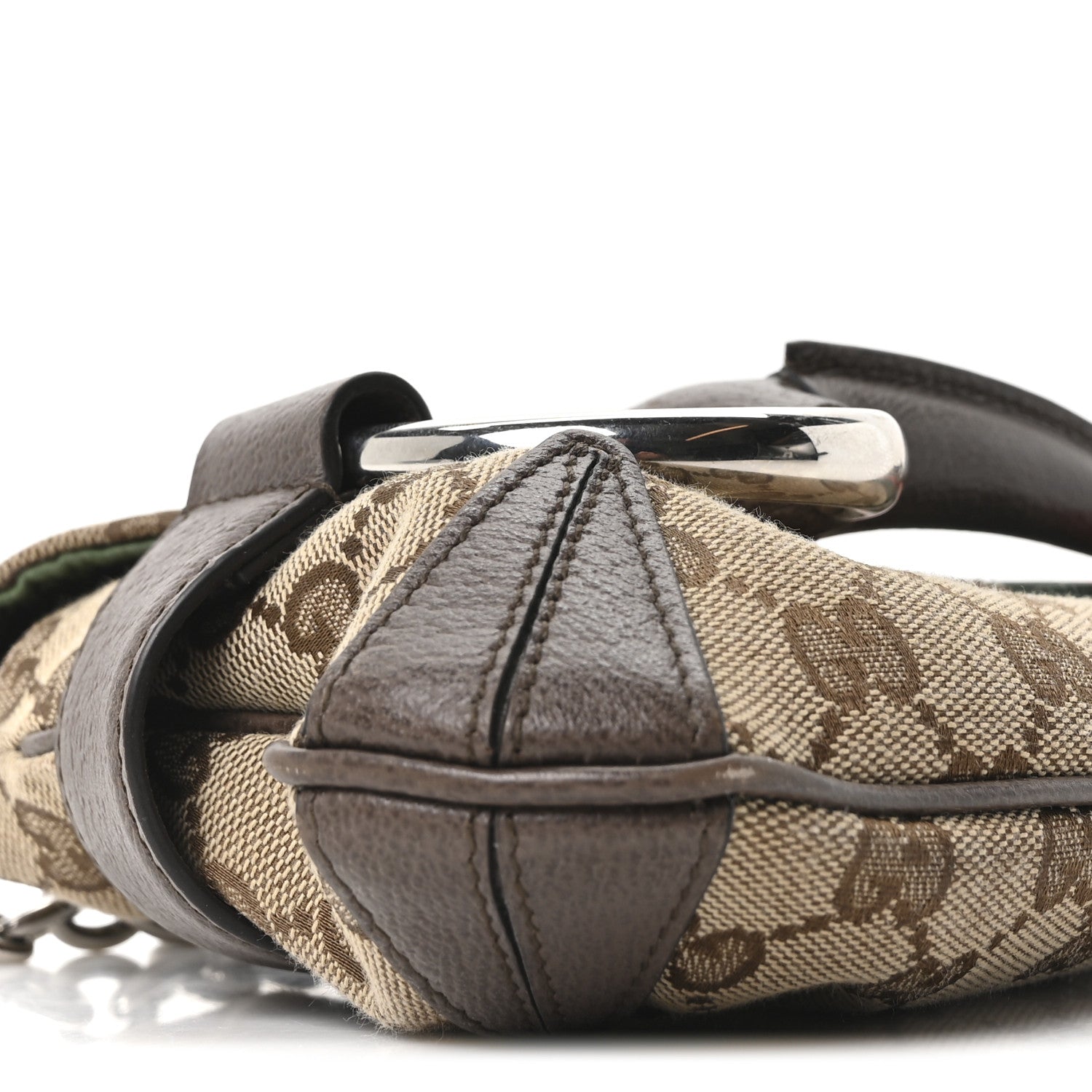 Gucci Monogram Textured Dollar Calfskin Heavy Grosgrain Web Medium Maxi Horsebit Chain Shoulder Bag Beige Ebony New Acero