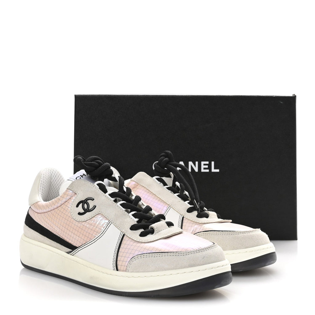 Chanel Suede Fabric Calfskin Womens CC Sneakers 40.5 Pink Grey White