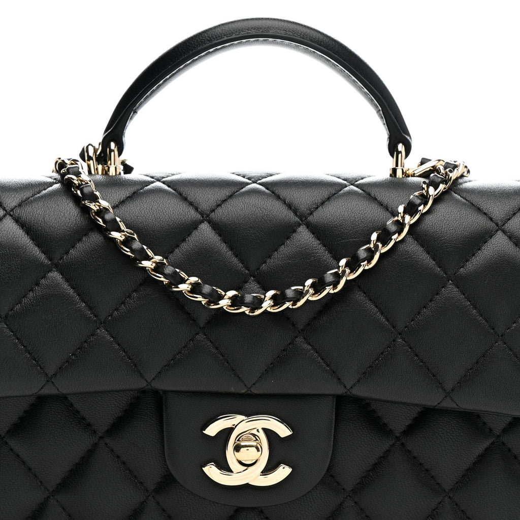 Chanel Lambskin Quilted Mini Top Handle Rectangular Flap Black