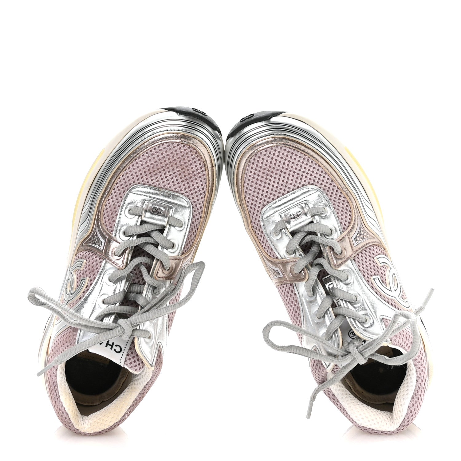 Fabric Laminated Calfskin Stretch CC Womens Sneakers 37 Purple Silver