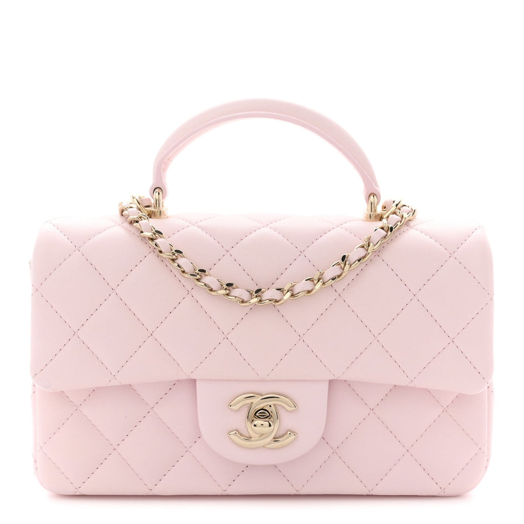 Chanel Lambskin Quilted Mini Top Handle Rectangular Flap Light Pink