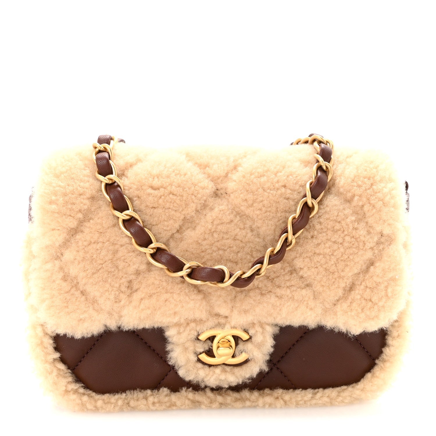 Chanel Shearling Lambskin Quilted Mini Furry Coco Flap Beige Dark Brown