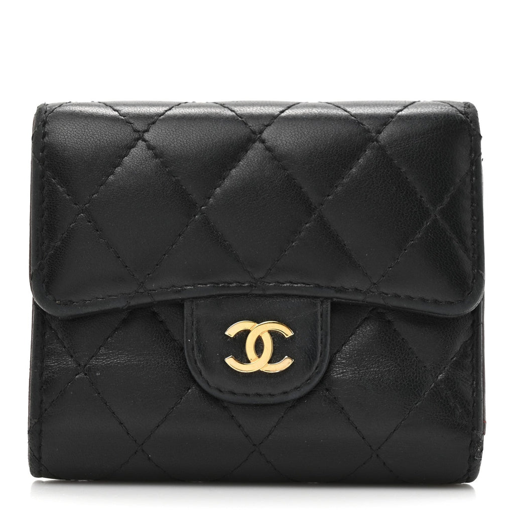 Lambskin Quilted Compact Flap Wallet Black