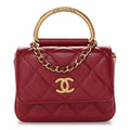 Chanel Shiny Lambskin Quilted Mini Metal Top Handle Clutch With Chain  Red