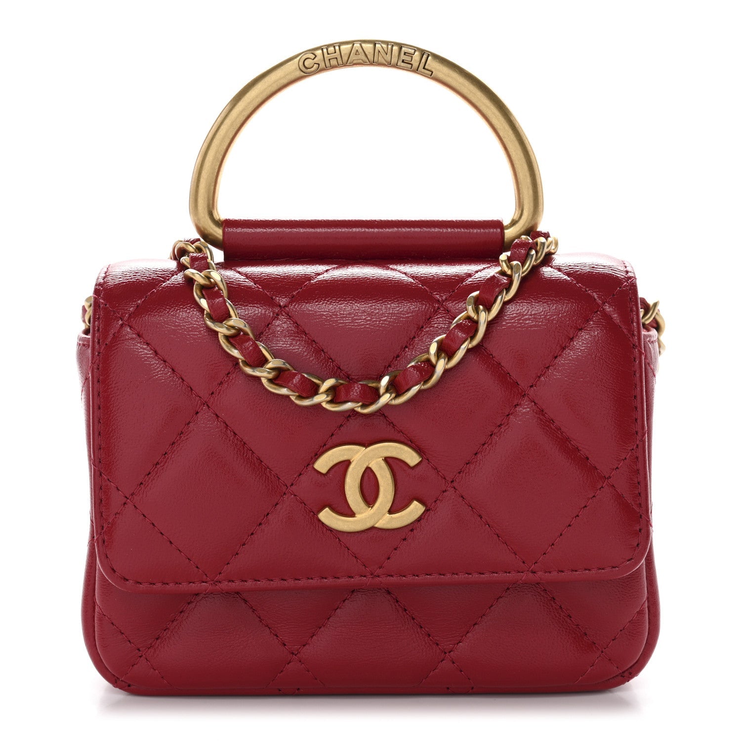 Chanel Shiny Lambskin Quilted Mini Metal Top Handle Clutch With Chain  Red
