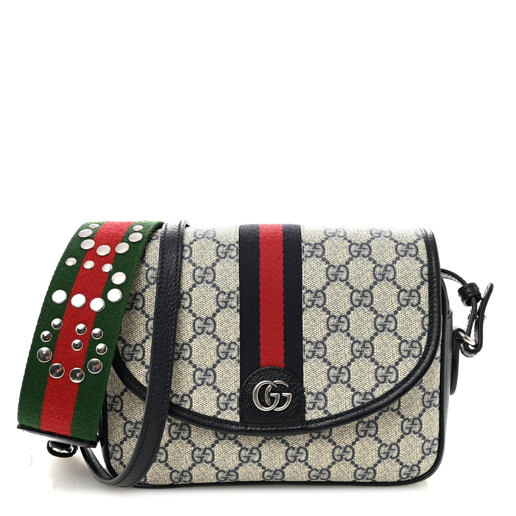 Gucci GG Supreme Monogram Textured Dollar Calfskin Web Studded Mini Ophidia Flap Shoulder Bag Beige Blue