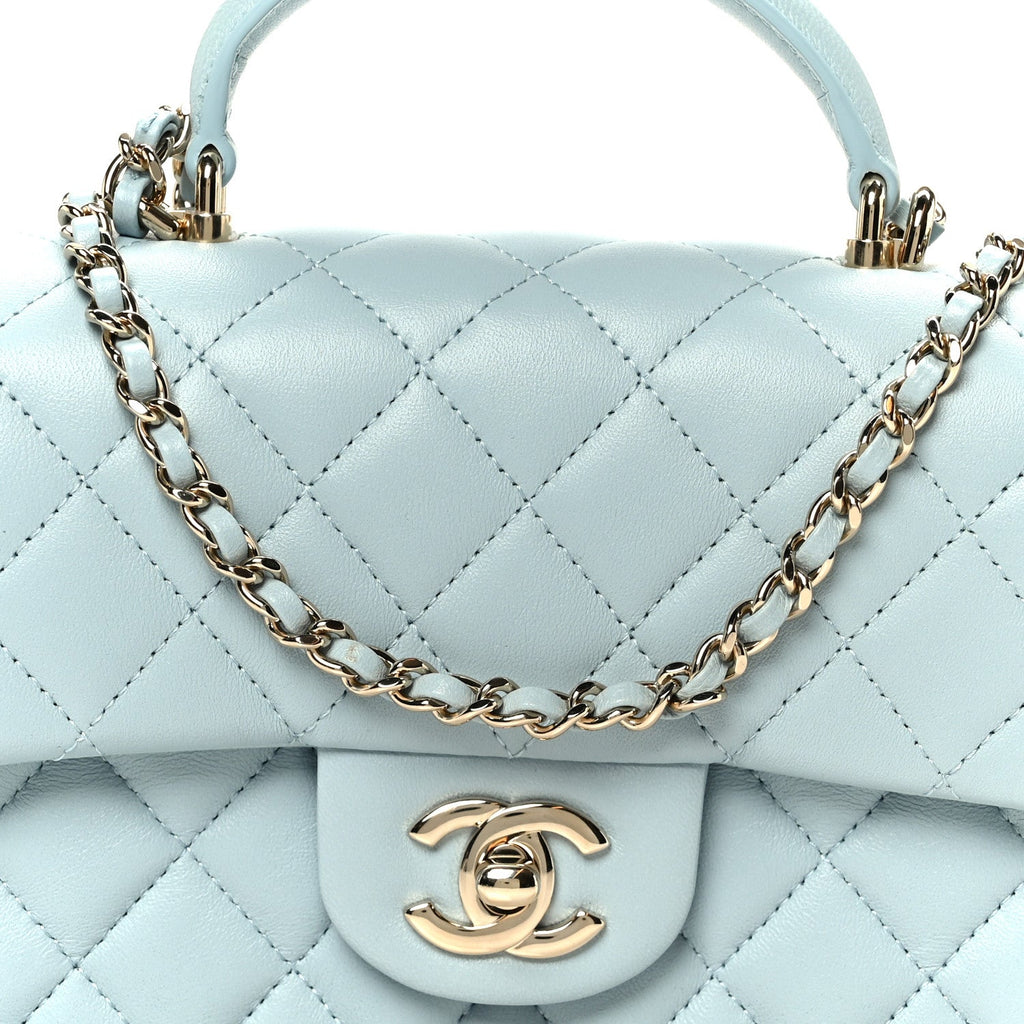 Chanel Lambskin Quilted Mini Top Handle Rectangular Flap Light Blue