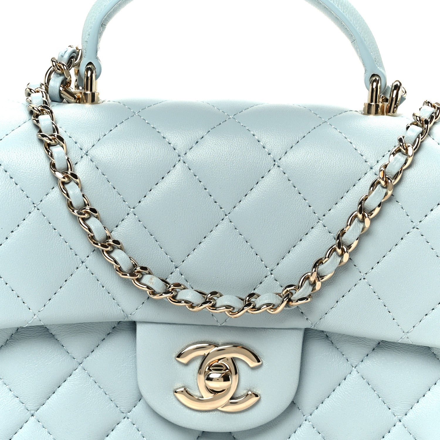 Chanel Lambskin Quilted Mini Top Handle Rectangular Flap Light Blue