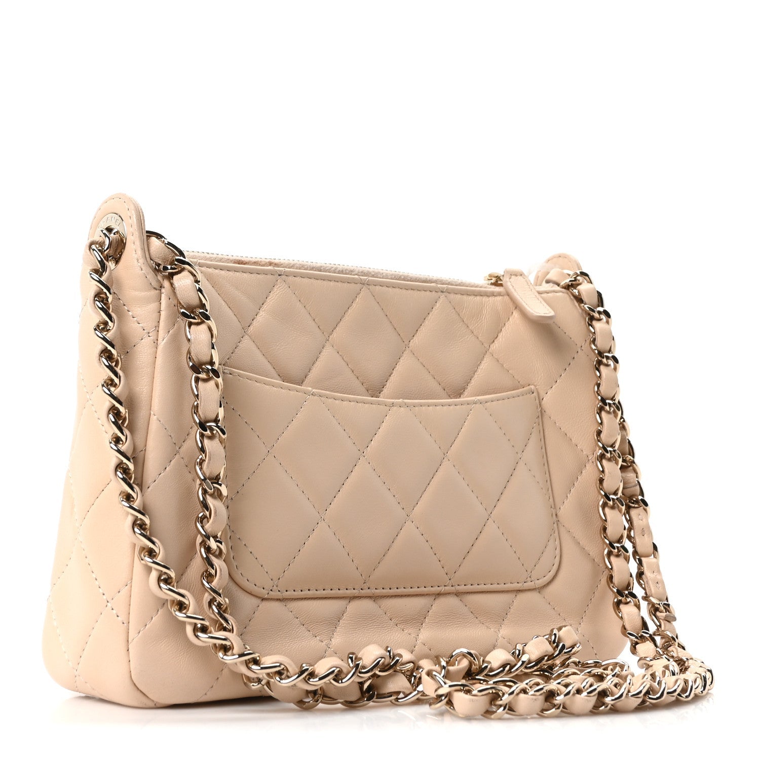 Chanel Shiny Crumpled Lambskin Quilted Small Preppy Pocket Clutch With Chain Beige