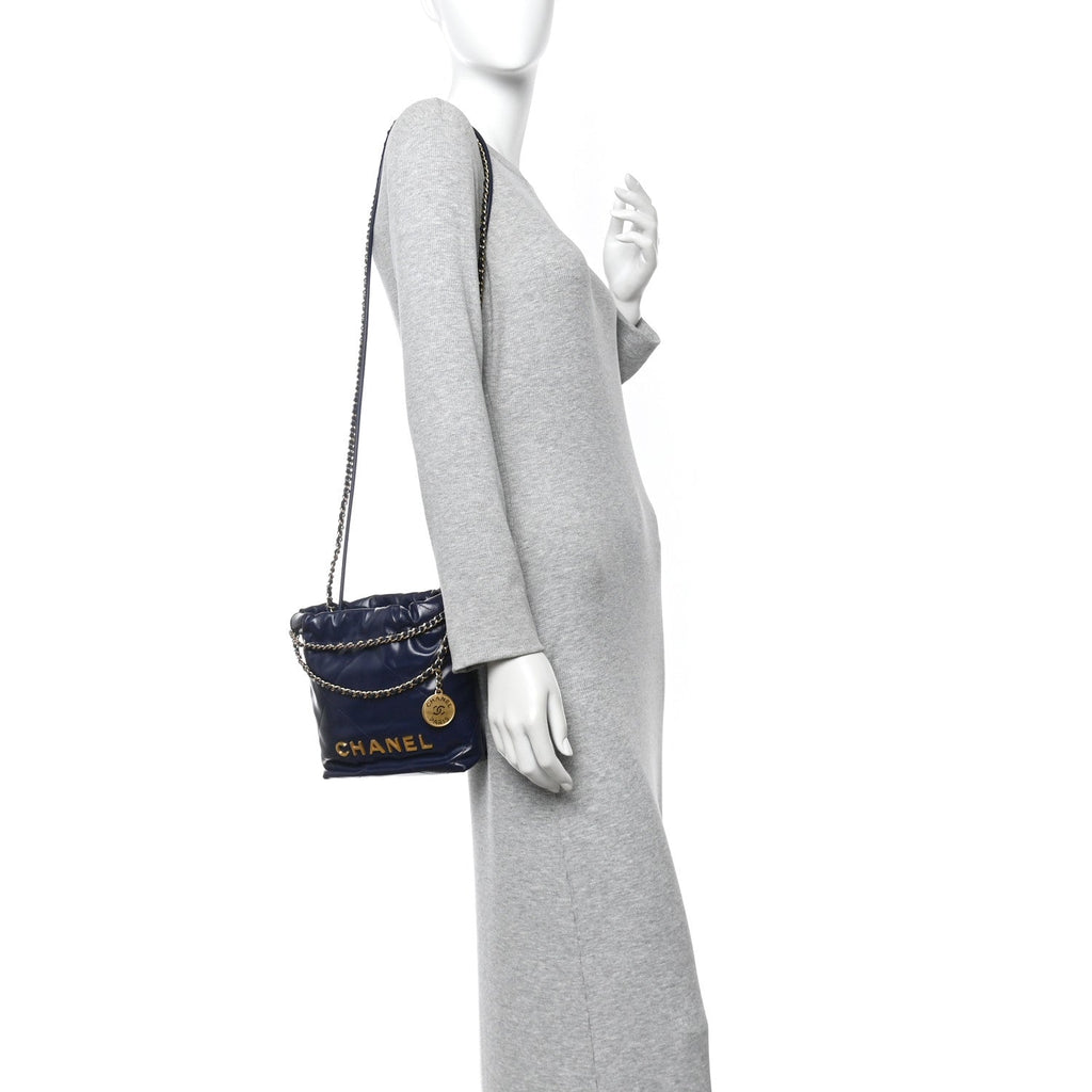 Chanel Shiny Calfskin Quilted Mini Chanel 22 Navy Blue