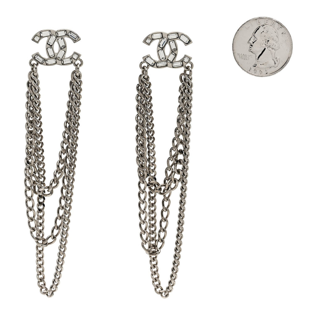 Crystal Baguette CC Chain Drop Earrings Silver
