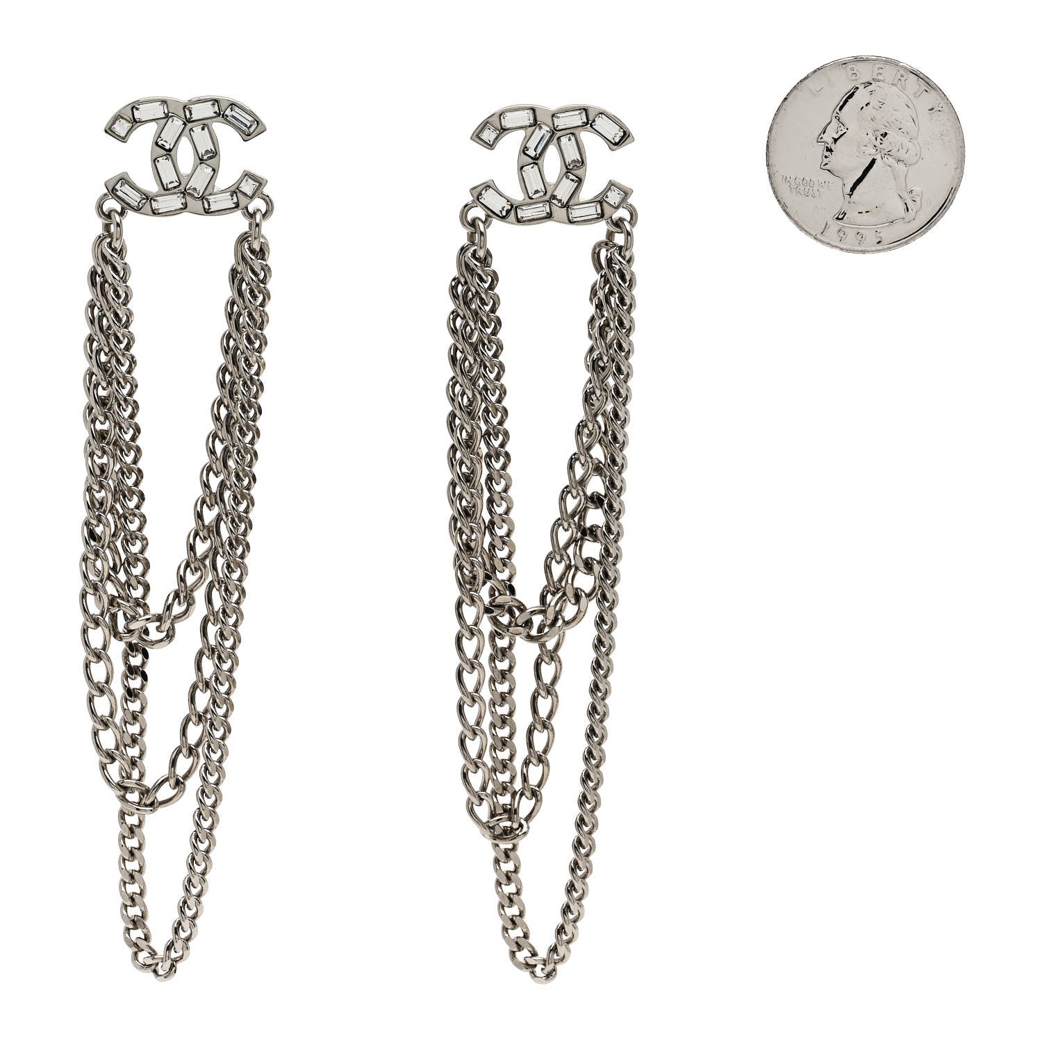 Crystal Baguette CC Chain Drop Earrings Silver