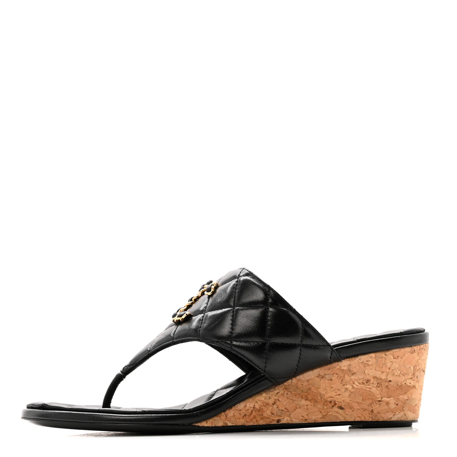 Chanel Shiny Goatskin Cork CC Wedge Sandals 37.5 Black