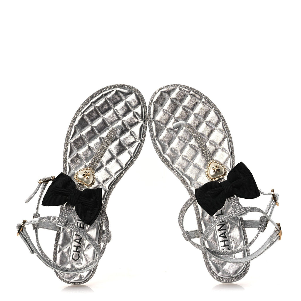 Fabric Grosgrain Pearl Crystal Thong Sandals 40 Silver Black
