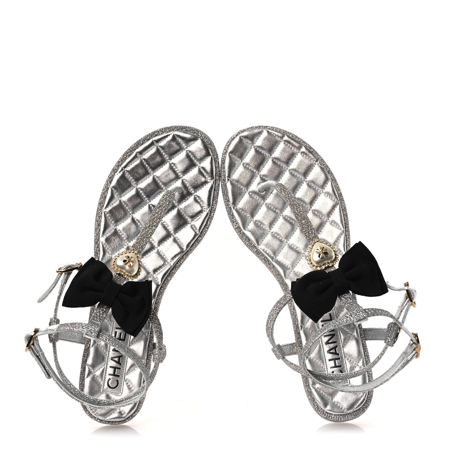 Fabric Grosgrain Pearl Crystal Thong Sandals 40 Silver Black