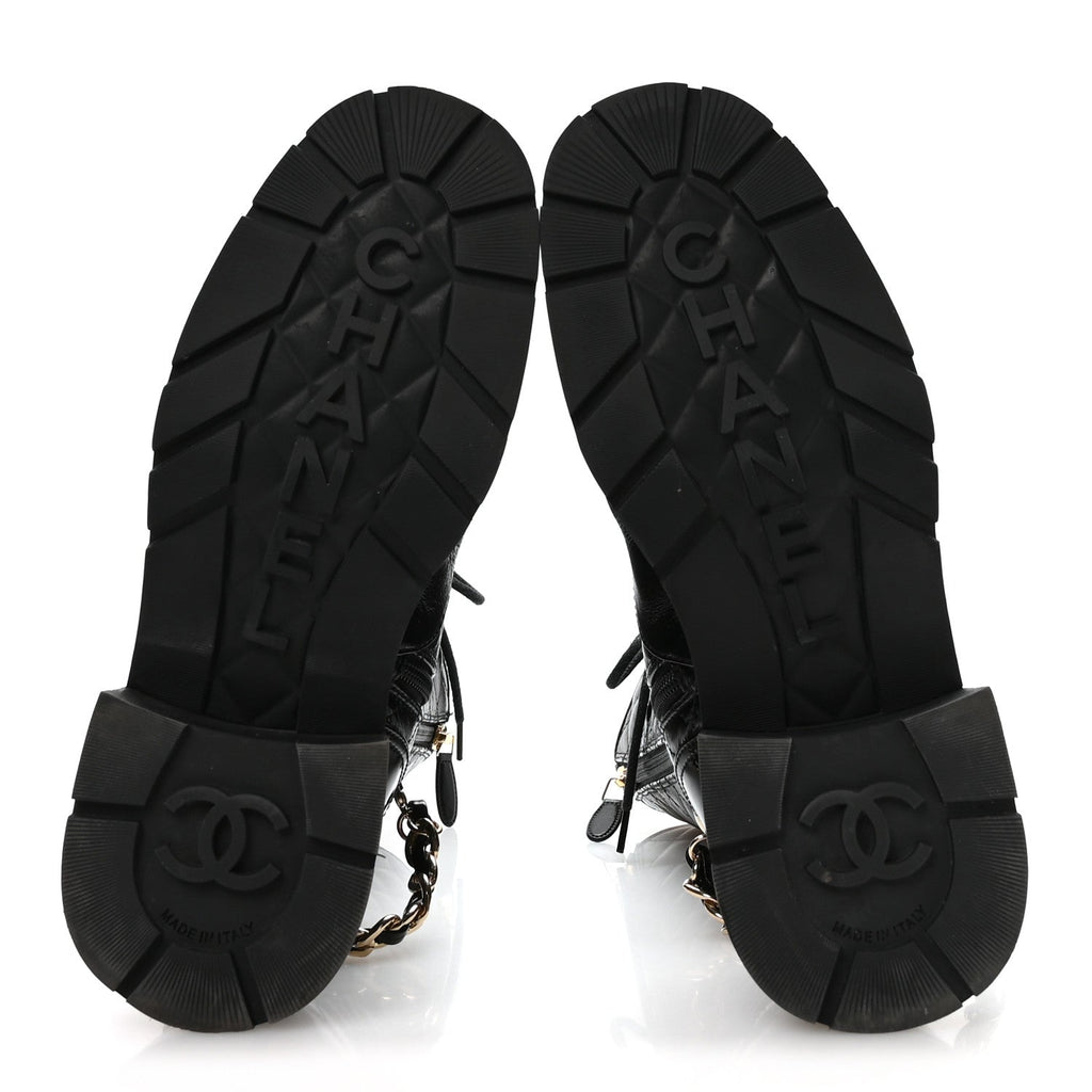 Chanel Shiny Calfskin Patent Quilted Chain Lace Up Combat Long Boots 38.5 Black