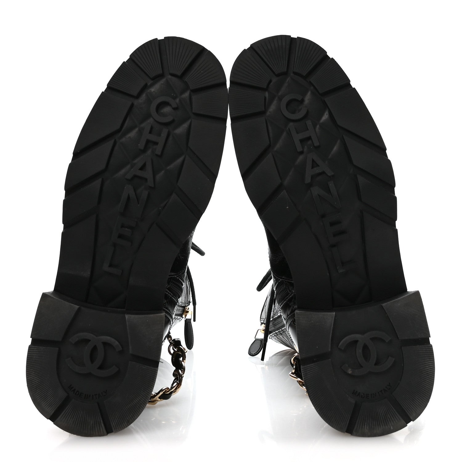 Chanel Shiny Calfskin Patent Quilted Chain Lace Up Combat Long Boots 38.5 Black