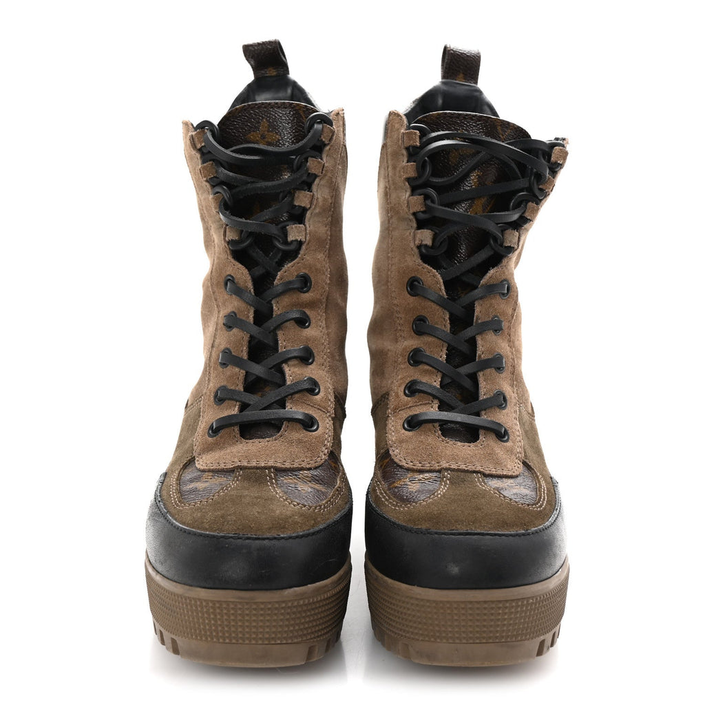 Louis Vuitton Suede Calfskin Monogram Laureate Platform Desert Boots 37.5 Taupe