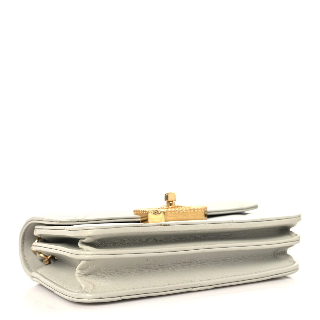 Chanel Calfskin Strass Quilted Clutch With Chain Flap Light Grey