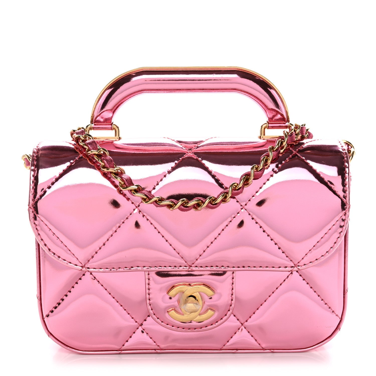Chanel Mirror Metallic Calfskin Quilted Mini Top Handle Flap Pink