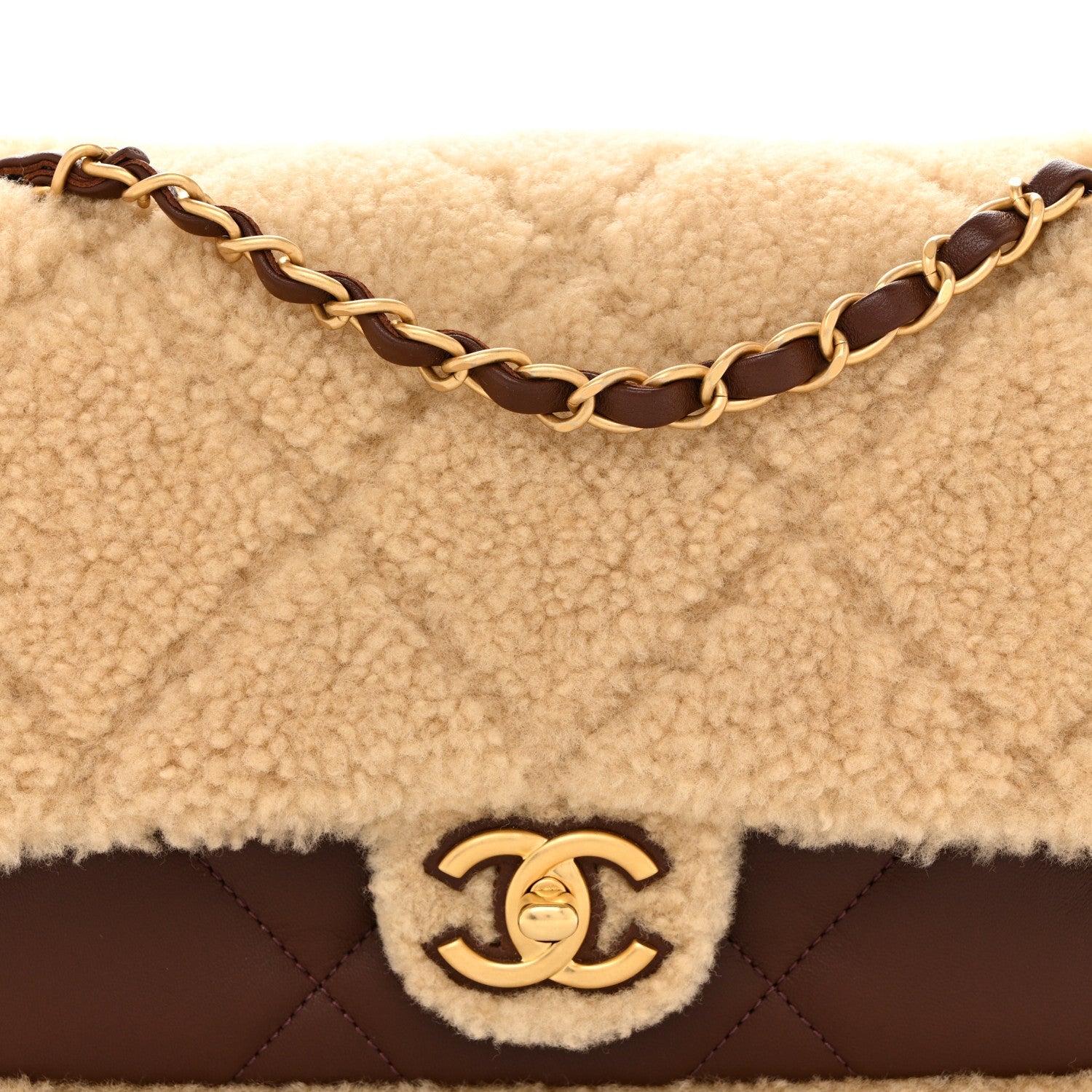 Chanel Shearling Lambskin Quilted Furry Coco Flap Dark Brown Beige