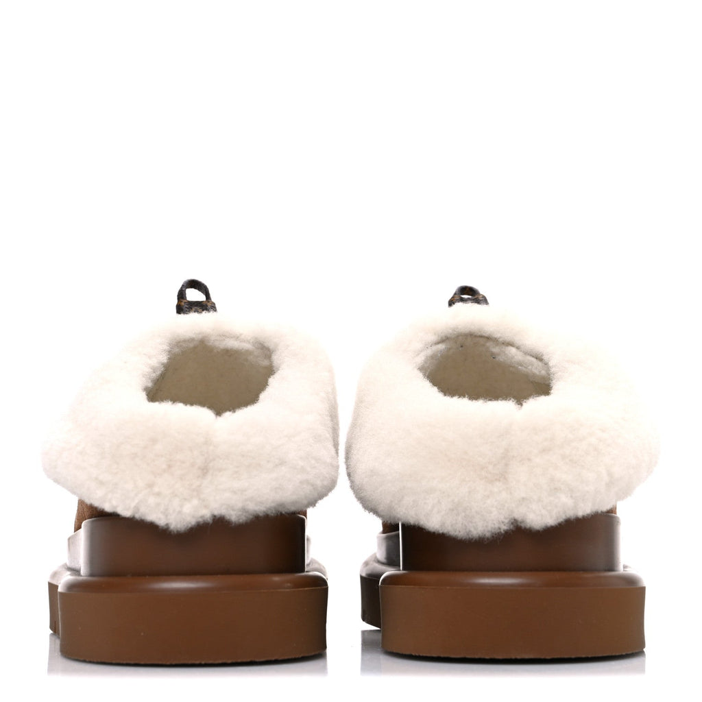 Louis Vuitton Suede Calfskin Shearling Monogram Debossed Cortina Closed Mule 38 Light Beige