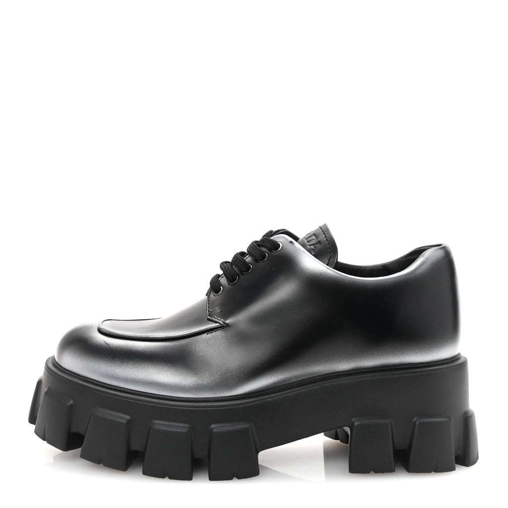 Prada Spazzolato Rois Sfumato Monolith 55mm Derby Loafers 38.5 Black Argento