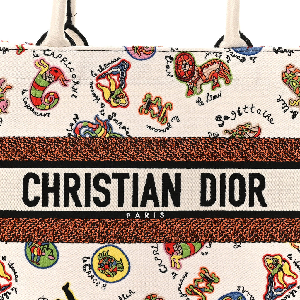 Christian Dior Canvas Embroidered Dragon Zodiac Medium Book Tote White Multicolor