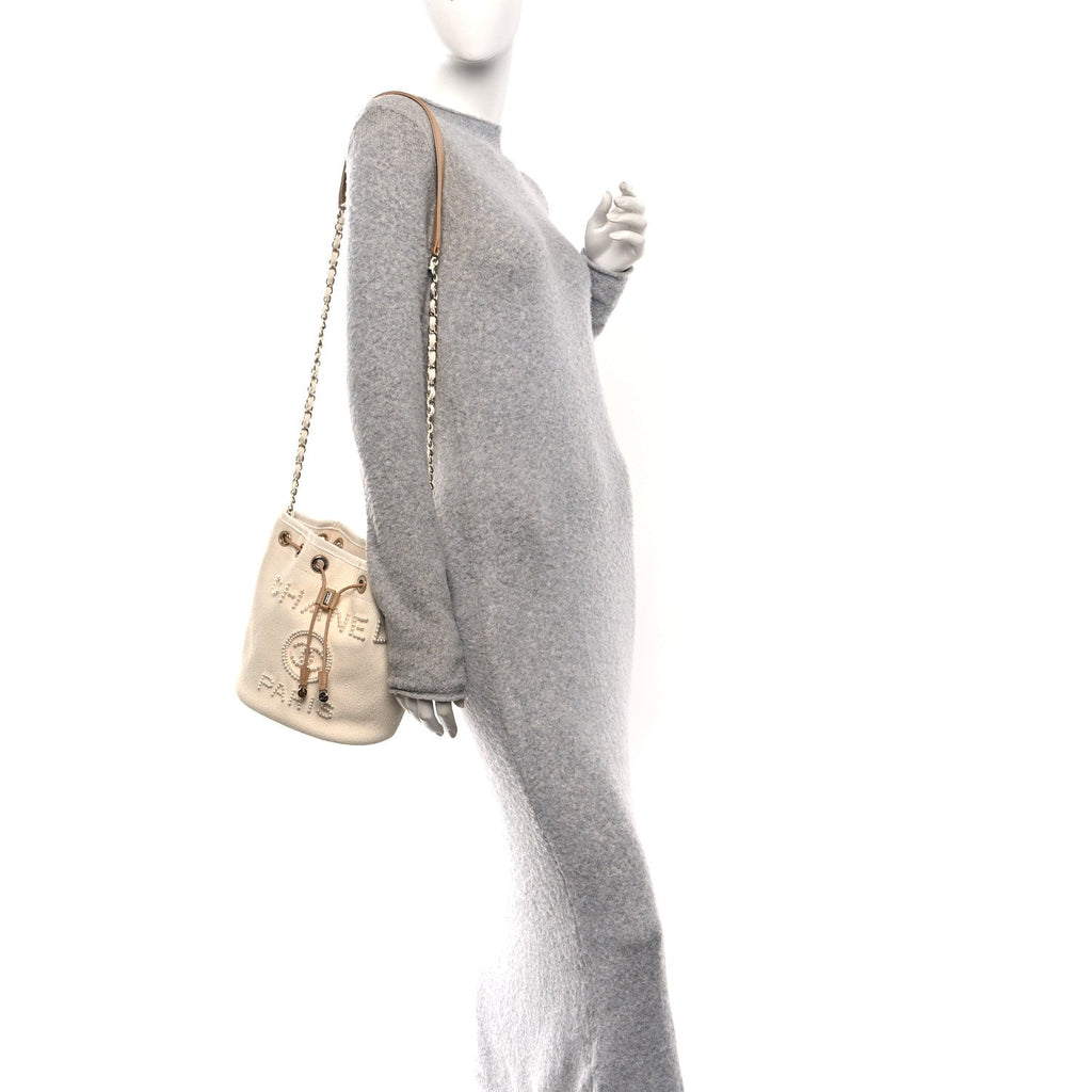 Chanel Canvas Pearl Deauville Drawstring Bucket Bag Ecru Beige