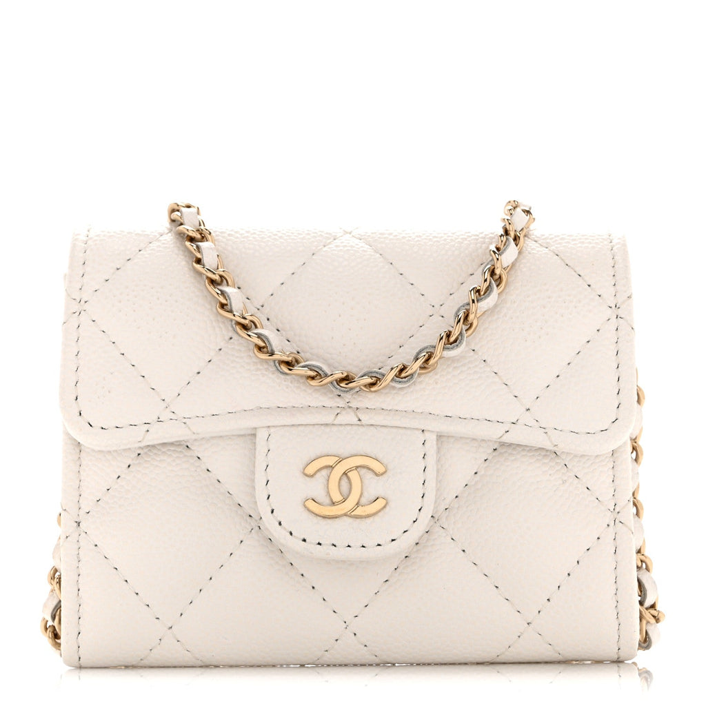 Chanel Caviar Quilted Flap Card Holder On Chain White