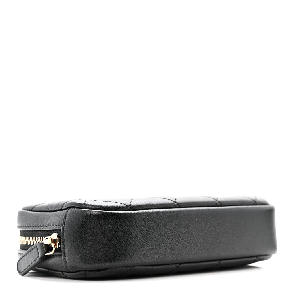 Lambskin Quilted Small Curvy Pouch Cosmetic Case Black